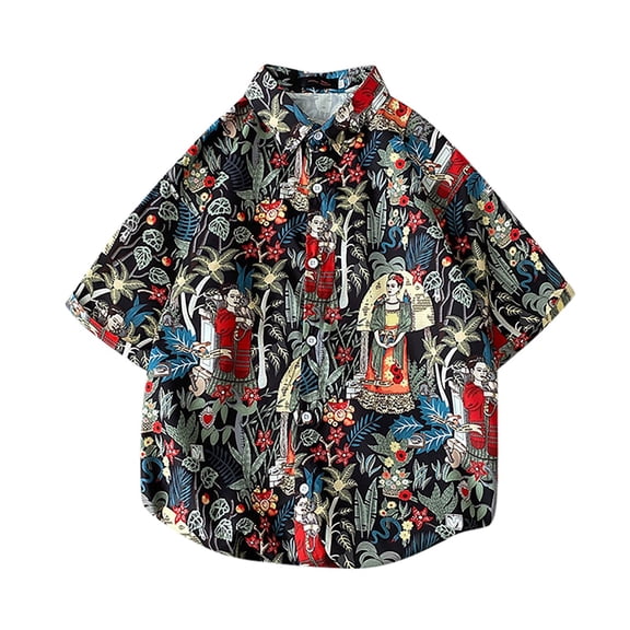Mens Shirts Retro Vintage Graphic Print Short Sleeve Casual Button Down Summer Beach Hawaiian Shirt for Men Black L