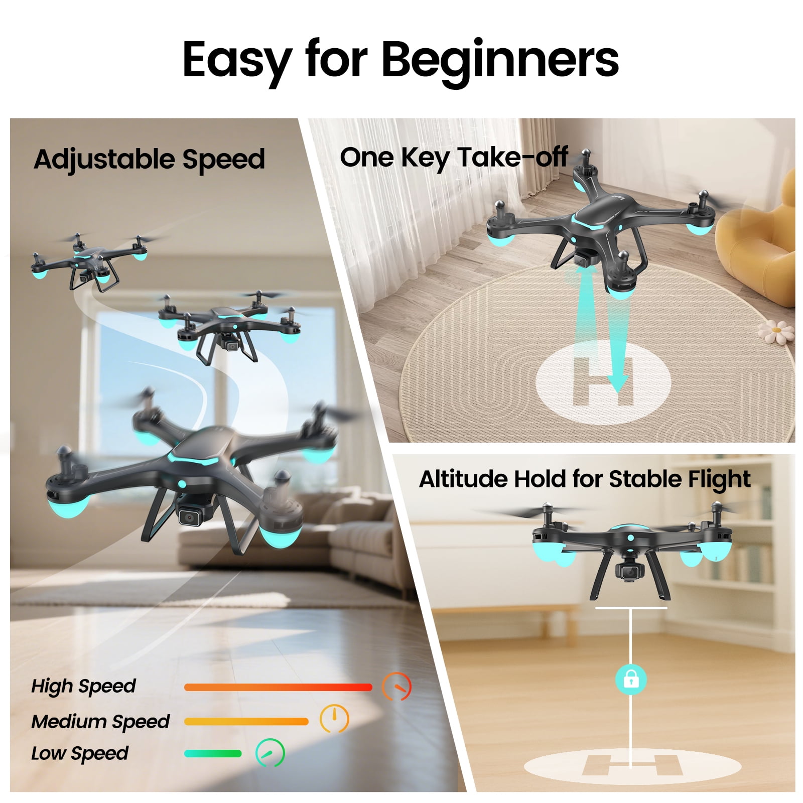 Drones for Kids with 1080P Camera, Lightweight Wefone WF13 Upgraded Quadcopter Beginners, One-Key Takeoff, Optical Flow Hover, 2 Batteries, Black