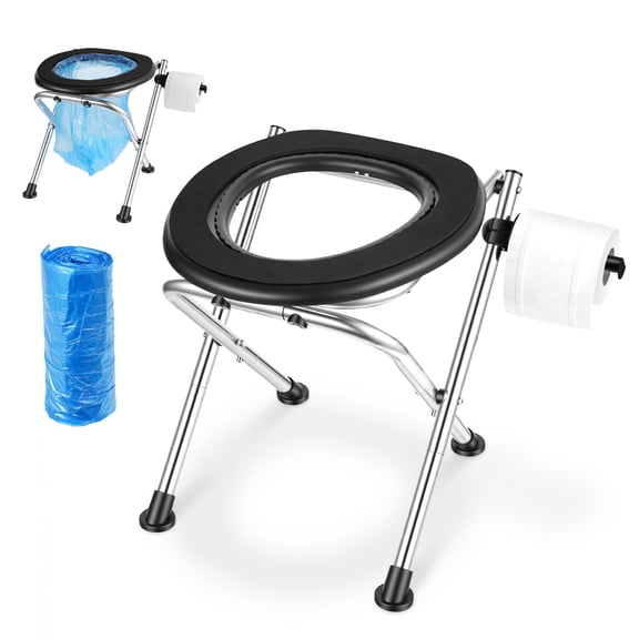 KFFKFF Portable Camping Toilet, 350 lbs Capacity, Foldable Stainless Steel Travel Toilet with Comfortable Seat for Adults, Ideal for Truckers, RVs, Camping, Road Trips, and Outdoor Activities