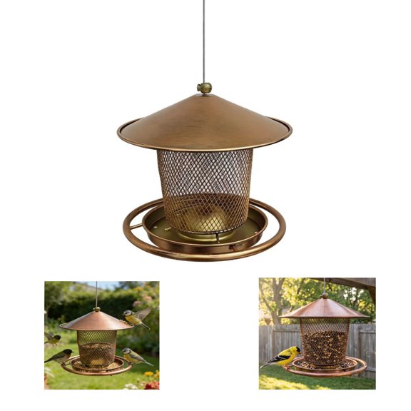 Metal Lantern Bird Feeder, Hanging Wild Bird Feeder for Garden, Yard, and Patio, 2 lb Seed Capacity, Rust-Proof Bronze Finish