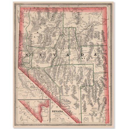 Nevada 1883 Vintage Map 11x14 Unframed Print–Antique Cartography Poster Reproduction w/Counties Towns Railroads & Mining Districts Historic Western Wall Art for Home Office Library Study or Classroom
