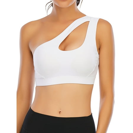 

FUTATA Women s Sexy Cutout Yoga Bra One Shoulder Sports Bra Wireless Gym Workout Sports Running Bra Yoga Top Medium Support with Removable Chest Pad