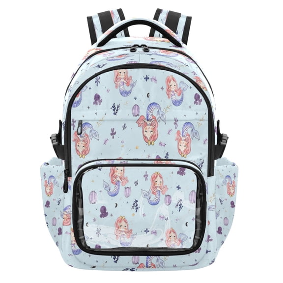 Qxltty Cute Mermaid Backpack School Bookbag with Clear PVC Front Pocket, Laptop Compartment, Water Resistant Travel Daypack for Students