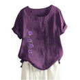 thumbnail image 2 of ALLLIST Purple Women's Tops Short Sleeve Floral Crew Neck Embroidery Button Blouses Cotton and Linen Women Blouses Dressy Casual, 2 of 3