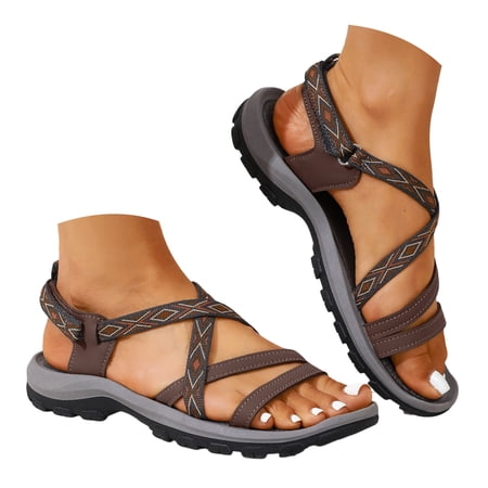 Rokment Athletic Orthopedic Hiking Sandals for Women Lightweight Comfortable Arch Support Elastic Ankle Strap Walking Trekking Climbing Summer Non Slip Work Water Shoes Boho Beach Brown Size 5.5