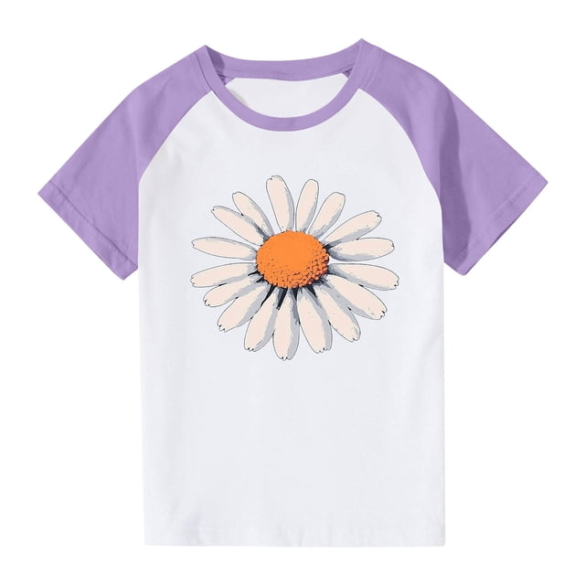 Zpanxa T-Shirts pour Tout-Petites Fille Été Imprimé Col Rond Manches Courtes Blouse d'École T-Shirt Imprimé avec Polyester Spandex 11 Ans