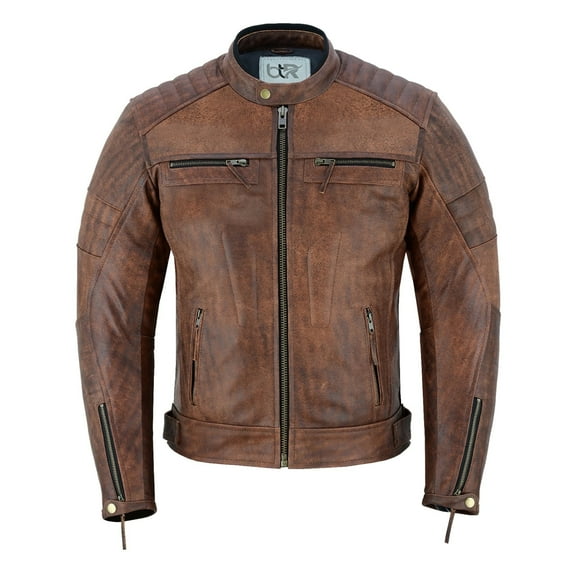 Men's Motorbike Leather Jacket Distress Zip Up Motorcycle Protection Jackets Antique Brown-38