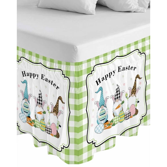 3 Cute Easter's Plaid Gnomes Check Egg Buffalo Border,Wrap Around Bed Skirts for Queen Bed 18" Drop,Bed Skirt with Elastic Belt Dust Ruffle Bed Valance Geometric Egg Buffalo Border Bed Frame Cover