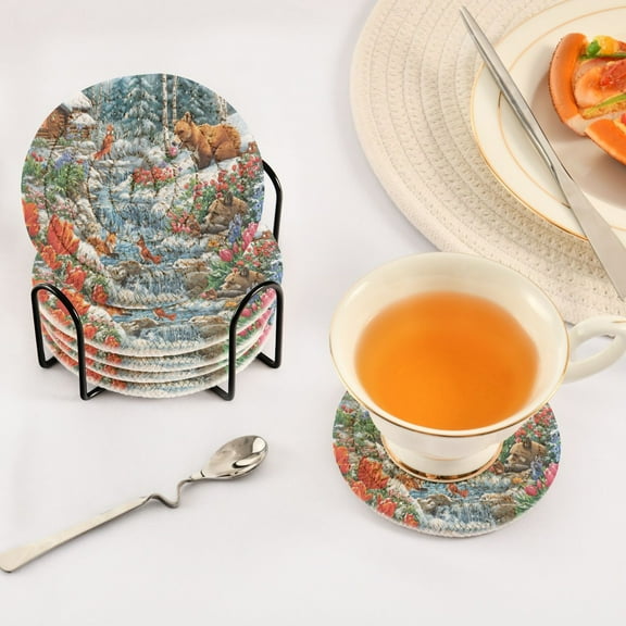 BZSMCE 6Pcs Drink Coasters With Holder 3.94Inch Winter Scene with Animals Cabin Creative Coil Coaster Coasters Colors Absorbent Coasters for Drinks Coasters Set Thicken Heat for Home Table