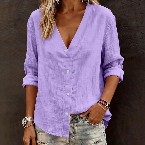 Button Down Shirt for Women V Neck Long Sleeve Breathable Cotton Blend Texture Loose Fit Casual Daily Wear Office Work Professional Blouse Clothes