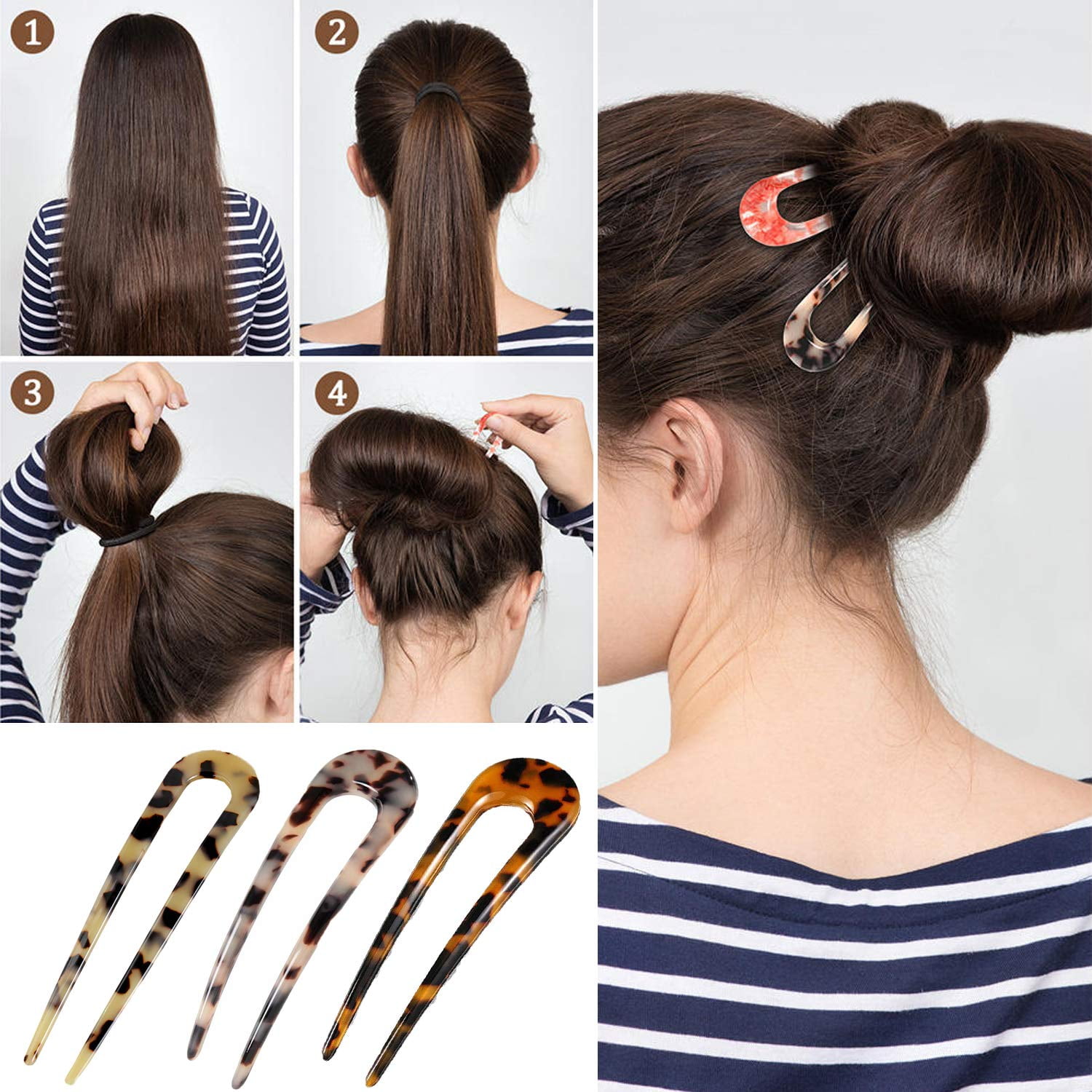 6 Pcs U-Shaped Hairpin, Vintage Hair Pin Fork Sticks Tortoise Shell U Shape Hair Clips Cellulose Acetate Tortoise Shell Hair Pins Clips French Style Metal Hair Sticks for Women Girls Hair Styling