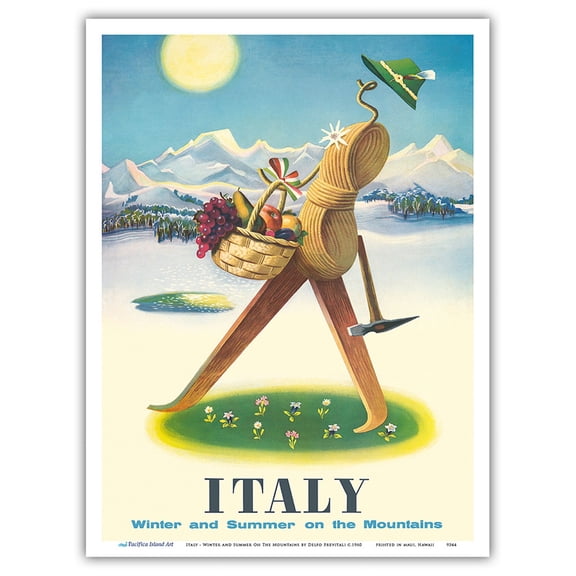 Italy - Winter and Summer On The Mountains - Vintage Travel Poster by Delfo Previtali c.1960 - Master Art Print (Unframed) 9in x 12in