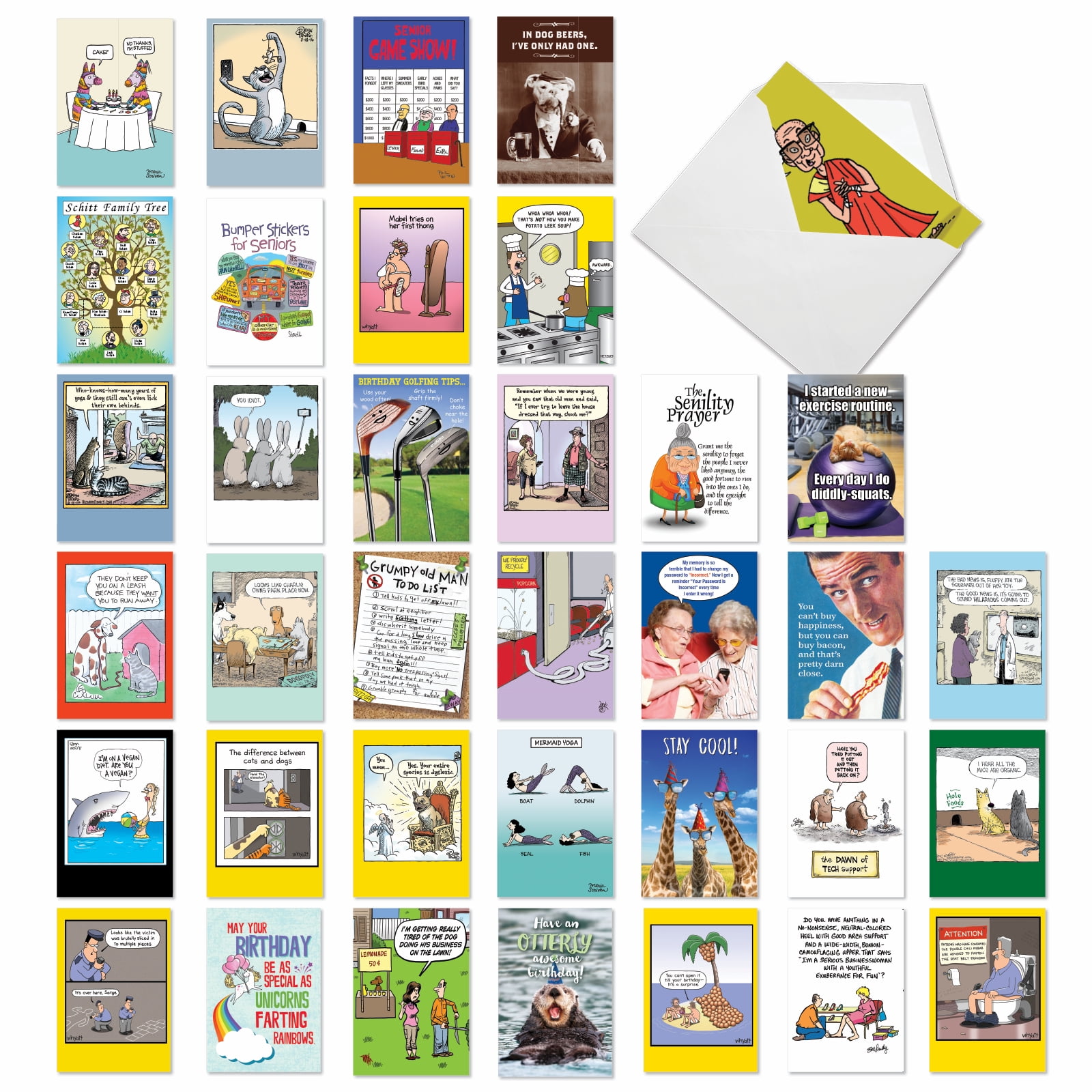 NobleWorks 36 Assorted Set Funny Birthday Greeting Cards w/ 5x7 Envelopes, 36x1 Designs, For Men, Women, Bday Birthday Favorites AC2911BDG-B1x36