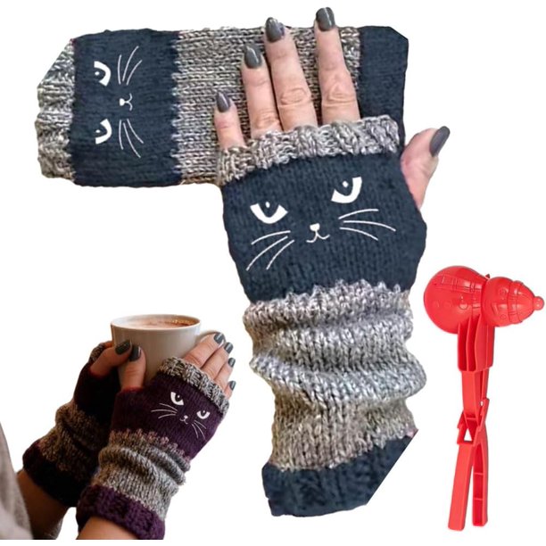 Guantes Punto Sin Dedos Para Mujer Un Bonito Bordado Gato, Cálidos Y Negros, Aptos Par Pantalla Táctil, Con Que Gotean, Informal, Bonitos, Incluye Clip Bola De Nieve Forma Muñeco Navy Blue