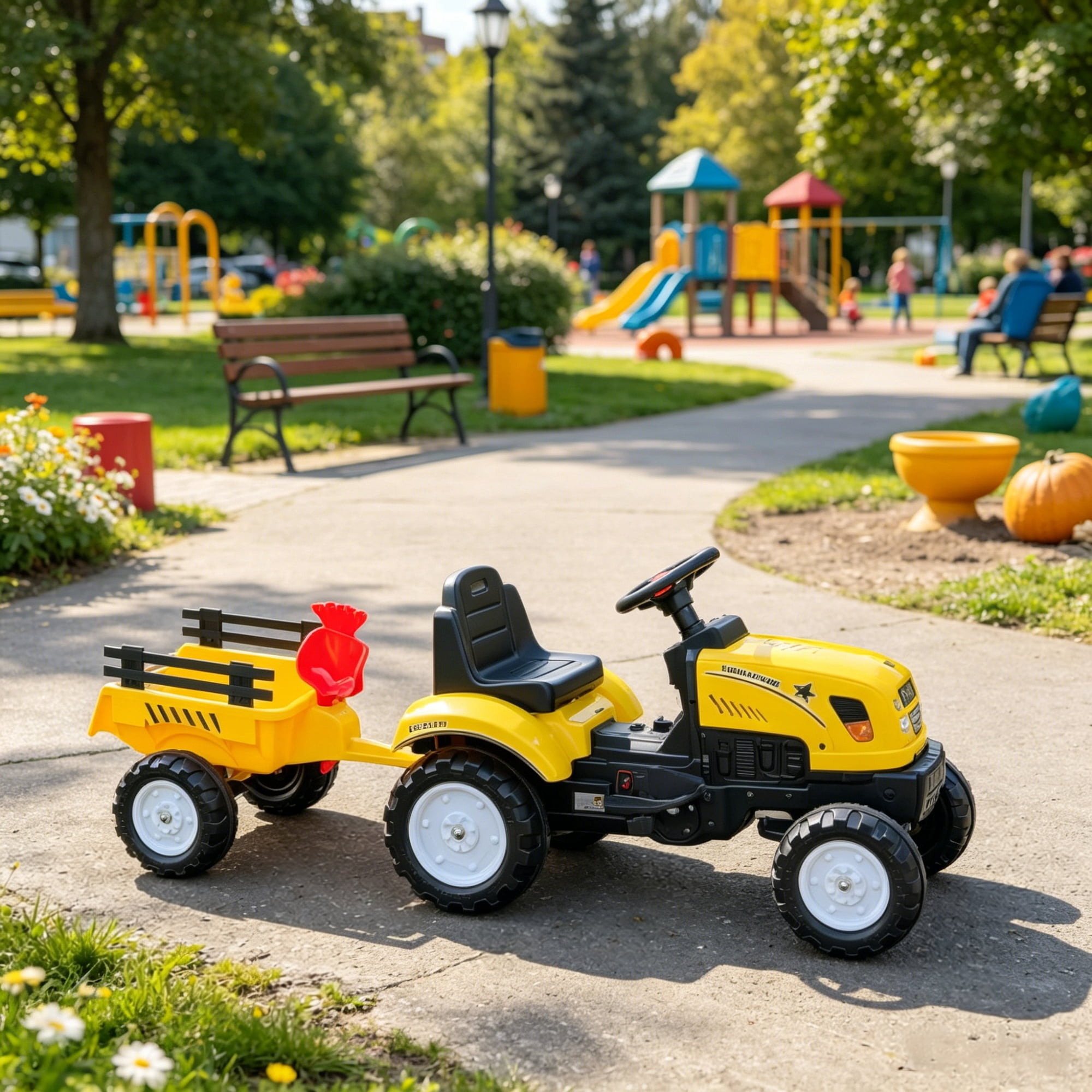 Kids Ride-On Tractor with Trailer Shovel and Rake for Ages 3+