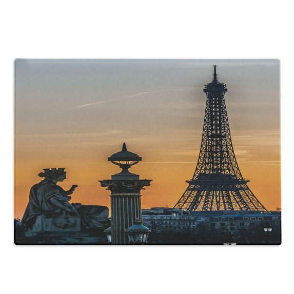 Paris Cutting Board, Historic France European Photo on Ombre Sunset Sky Sculpture and Eiffel Tower, Decorative Tempered Glass Cutting and Serving Board, in 3 Sizes, by Ambesonne