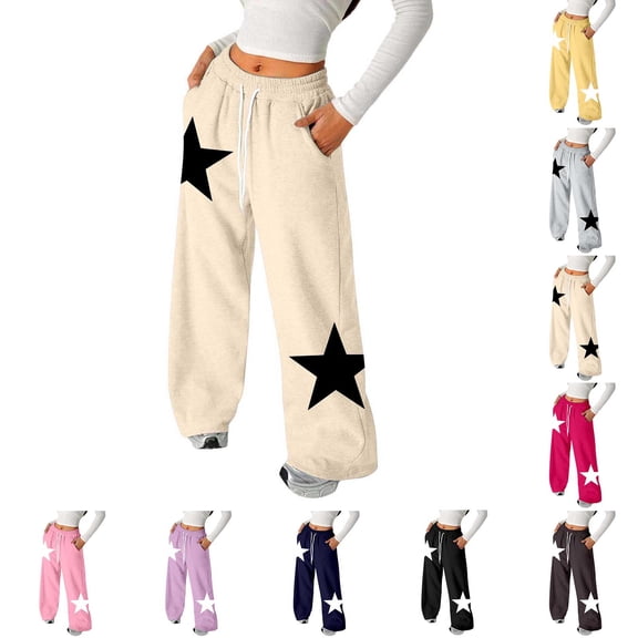 Girls Sweatpants Elastic Waist Drawstring Baggy Pants Girls Star Print Pants with Pockets Pants Girls Size 4-14 Years