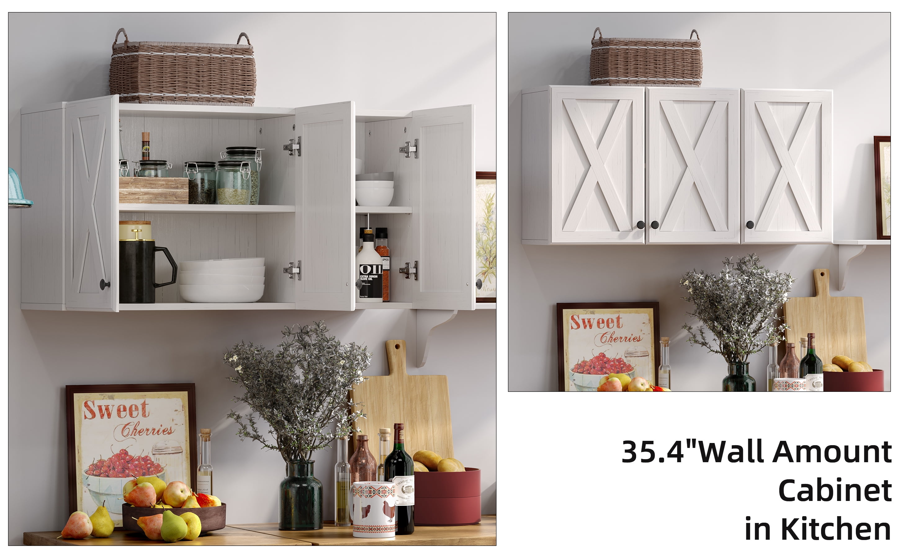 POLIHOME Farmhouse Kitchen Wall Amount Storage Cabinets with 3 Doors and Shelves, 36inch