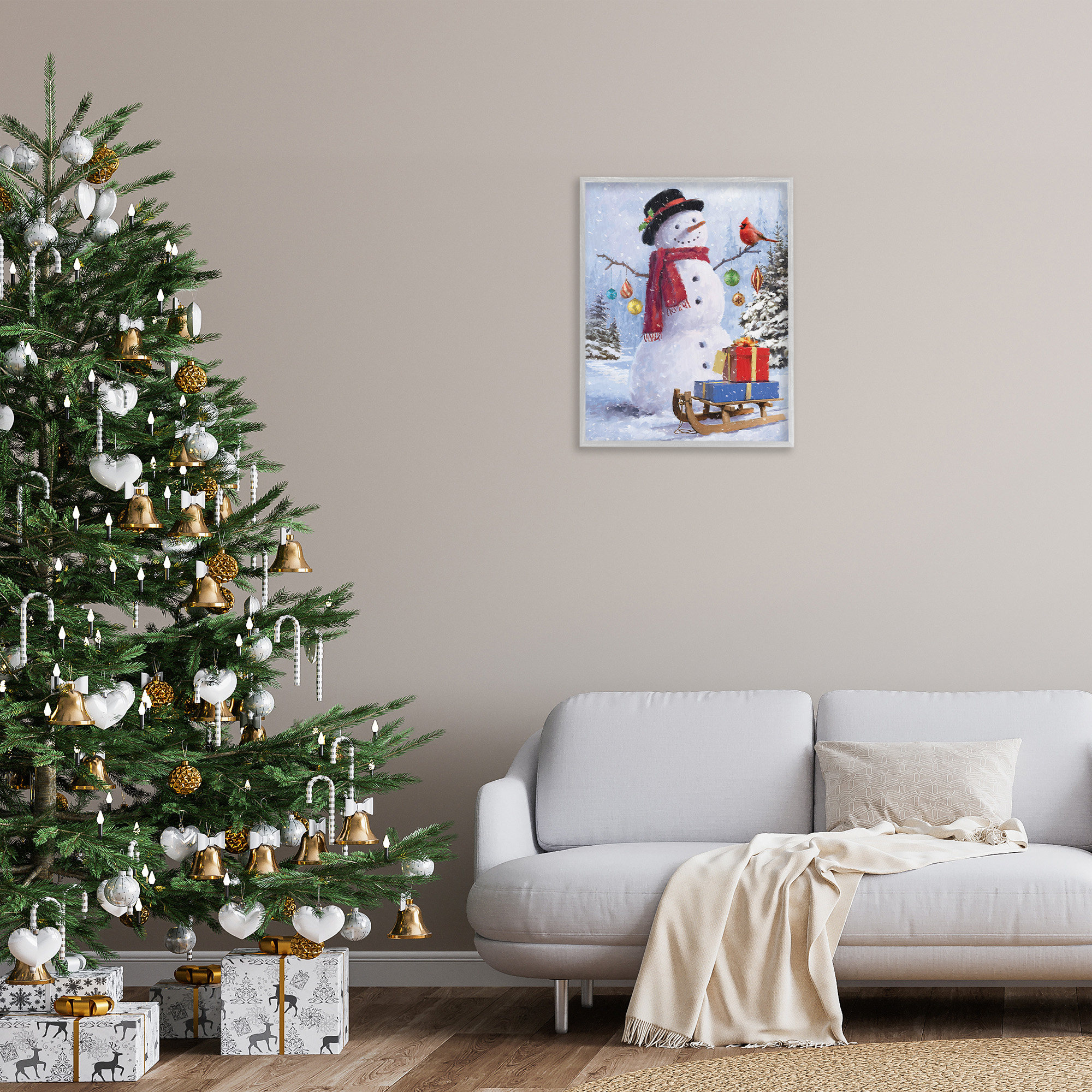 Stupell Industries Snowman with Gift Sled Landscape Painting Gray Framed Art Print Wall Art, 24 x 30