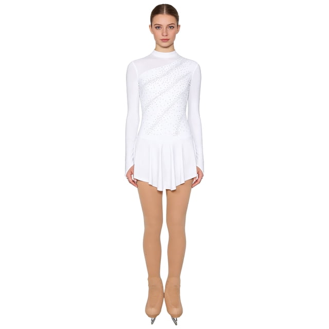 Moggemol Womens 2-Piece Rhinestone Figure Ice Skating Dress with Mesh Boot Cover Tights Set White L