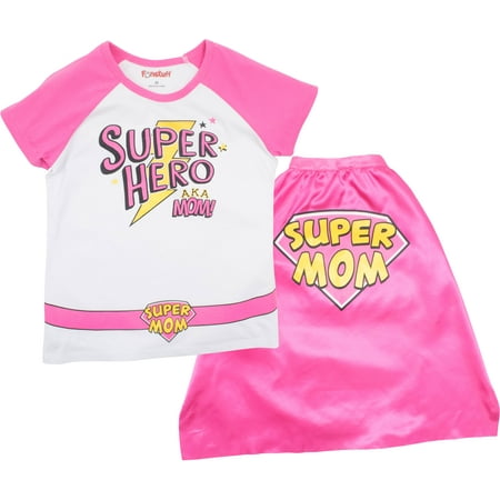 Mother's Day Super Hero Mom Womens' Raglan T-Shirt & Cape, White & Pink (Medium)