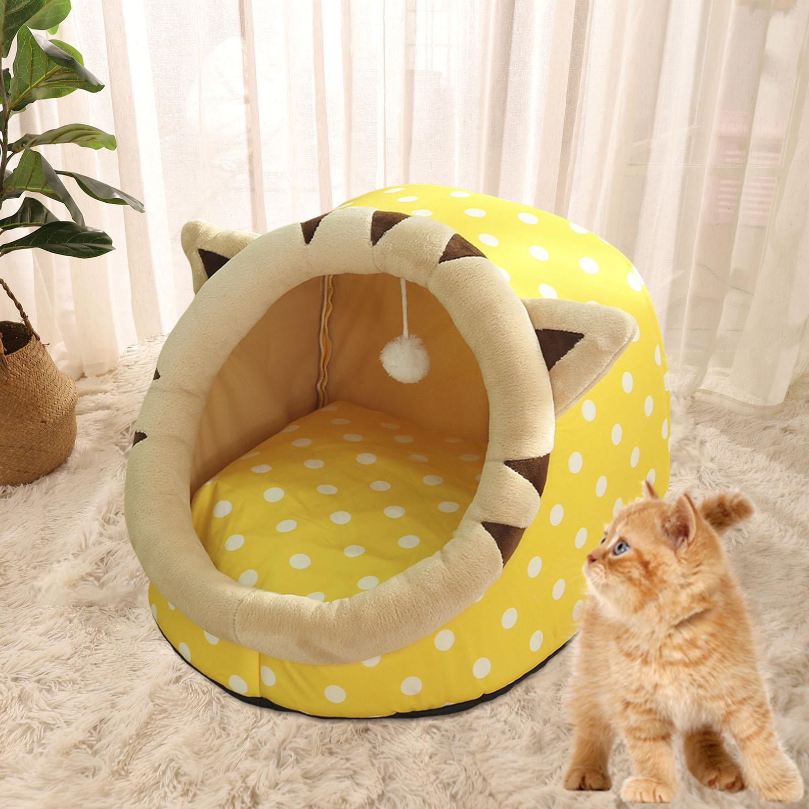Cute Cave Bed with Ball Slip Bottom Furniture Warm Dog Basket Soft Hideout Portable Pet House Nest for Puppy Indoor Cats Rabbit Kitten , 35x35x31cm Yellow