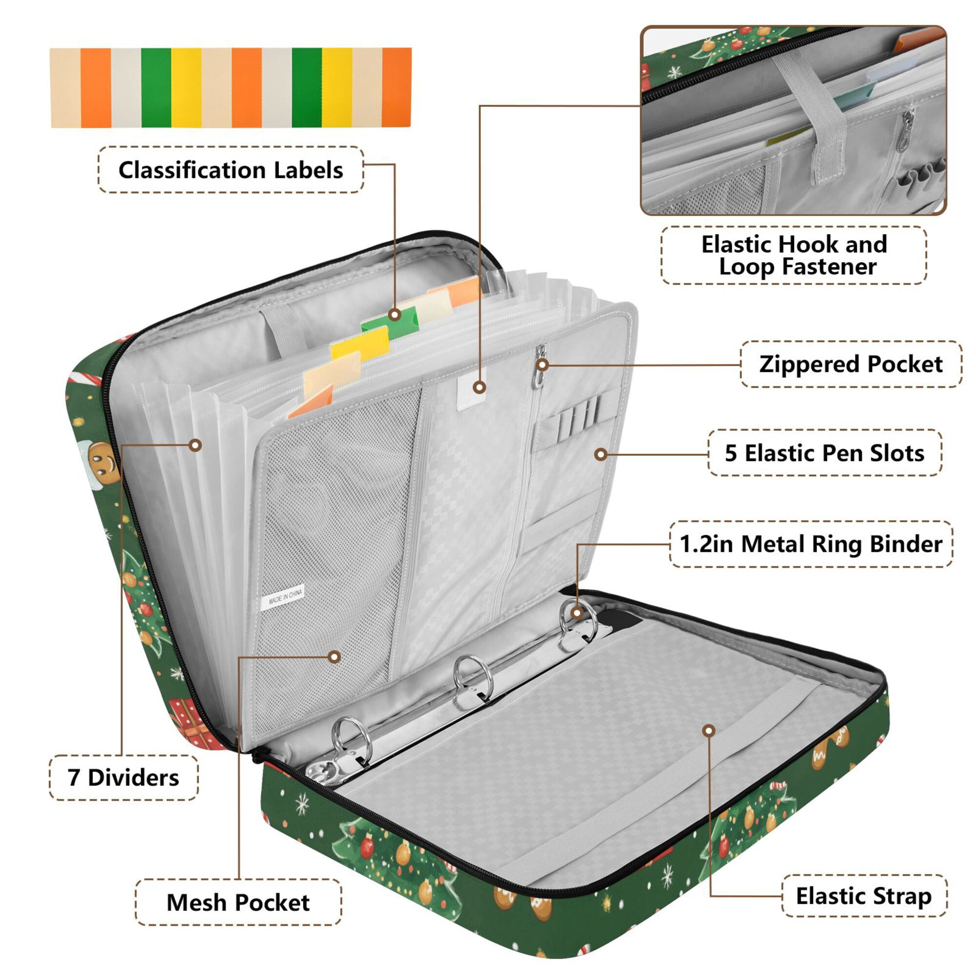 FORMRS Accordion File Folder A4 Size 7-Pocket Expanding Document Organizer Bag with 3 Ring Binder, Christmas Tree