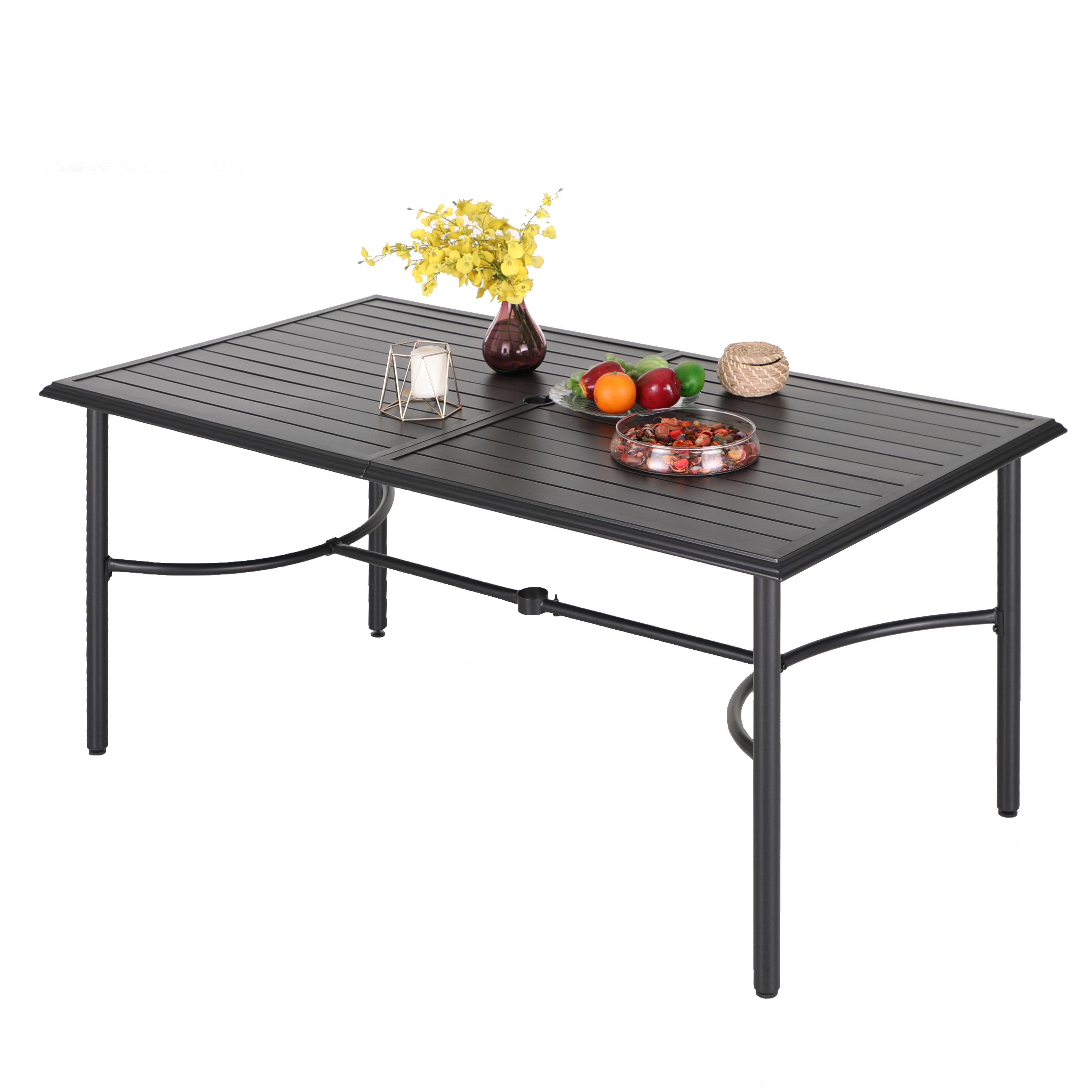 SUMMIT LIVING 7-Piece Outdoor Wicker Dining Set with Full Set Cushions for 6-Person, Black & Beige