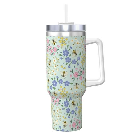 

Goofa Honey Bees And Flowers Print 40oz Ice Bully With Handle And Straw Stainless Steel Vacuum Insulated Cup And 2 In 1 Straw Lid