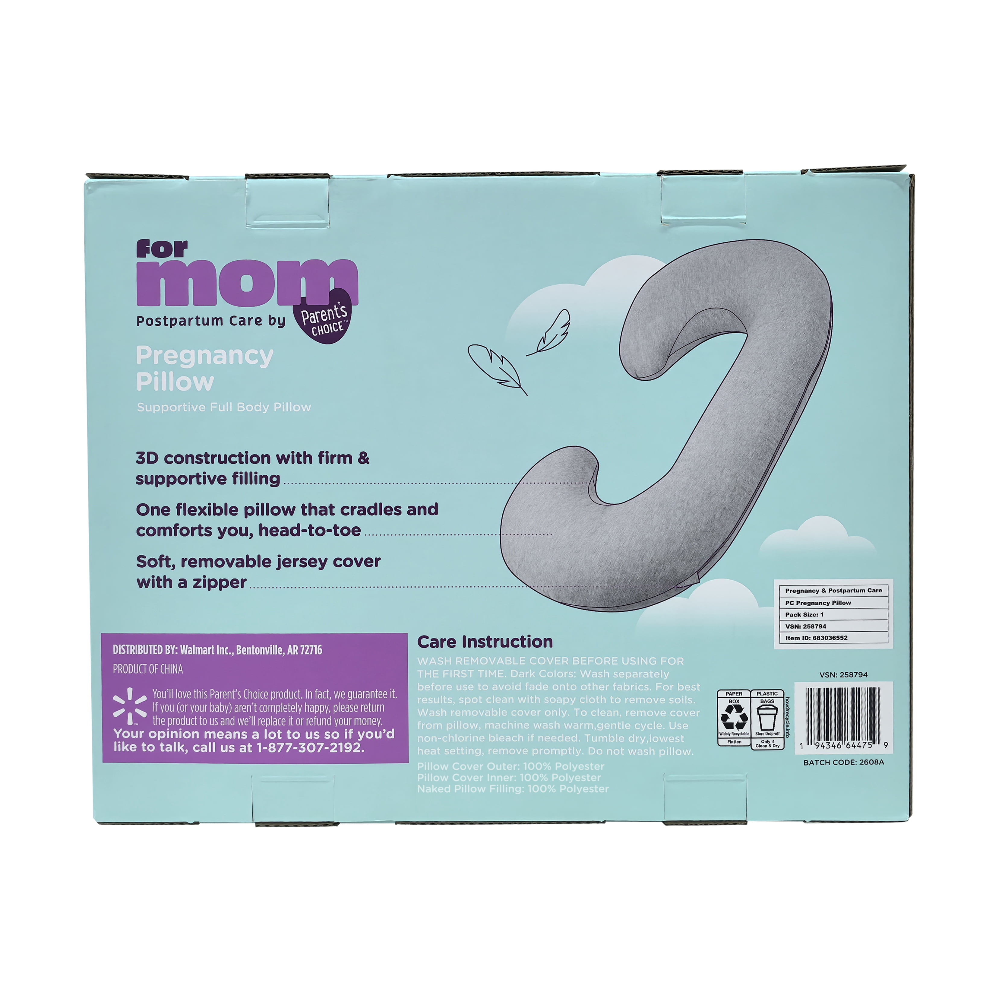 Parent's Choice Postpartum Care Pregnancy Pillow, 51.5" x 29.75" x 8.25", Gray