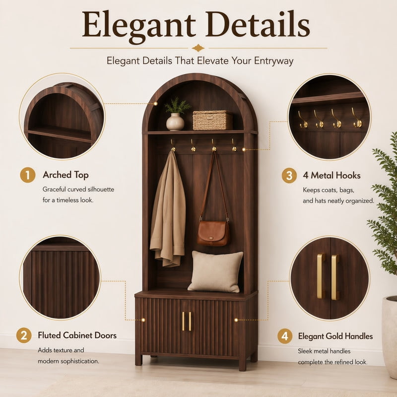 Farmhouse Arched Hall Tree with Storage Bench, Mudroom Bench with 2-Door Cabinet, 70.3'' Coat Rack with 4 Metal Hooks, Entryway Mudroom Organizer with Solid Wood Legs for Hallway & Living Room