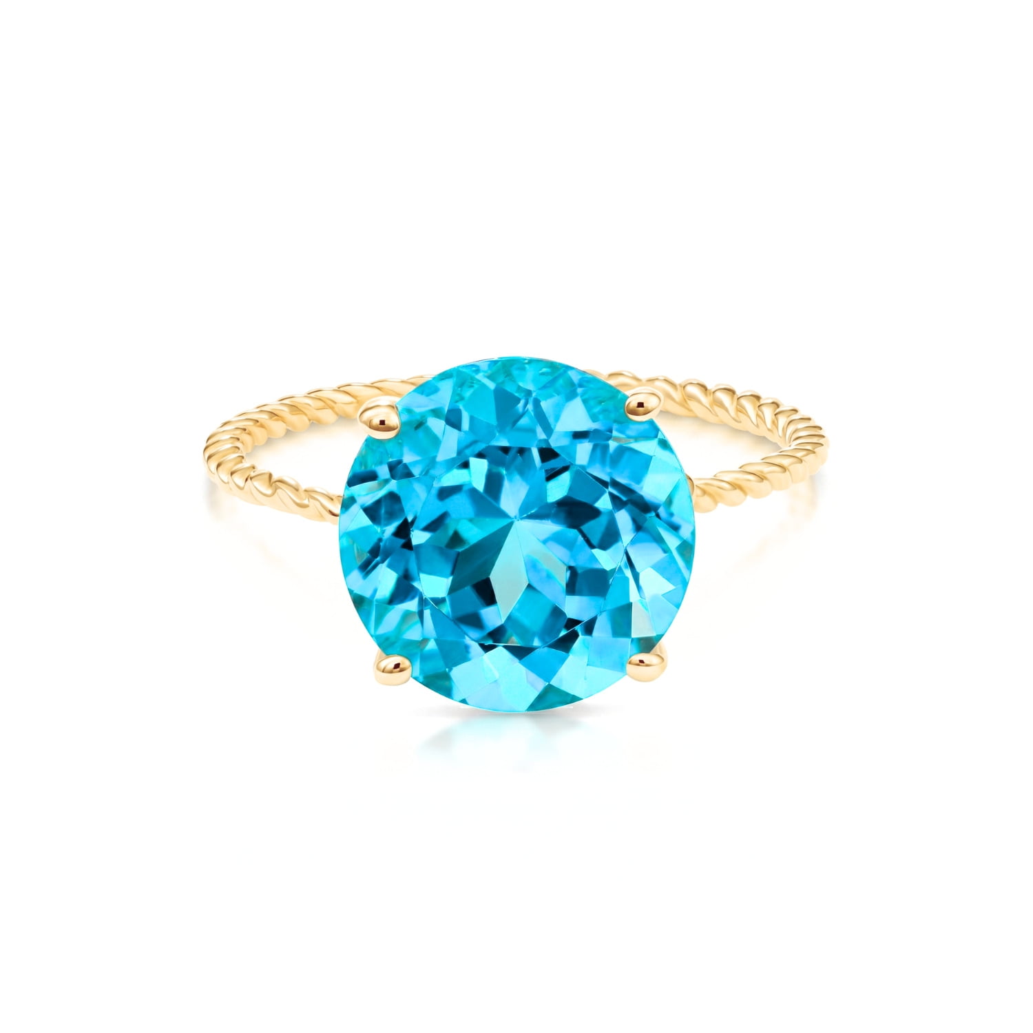 Tilo Jewelry 14K Yellow Gold 5 Carat Swiss Blue Topaz Solitaire Engagement Band Ring with Twist Rope Design | Size 5 | Natural Gemstone Statement Ring for Women & Unisex