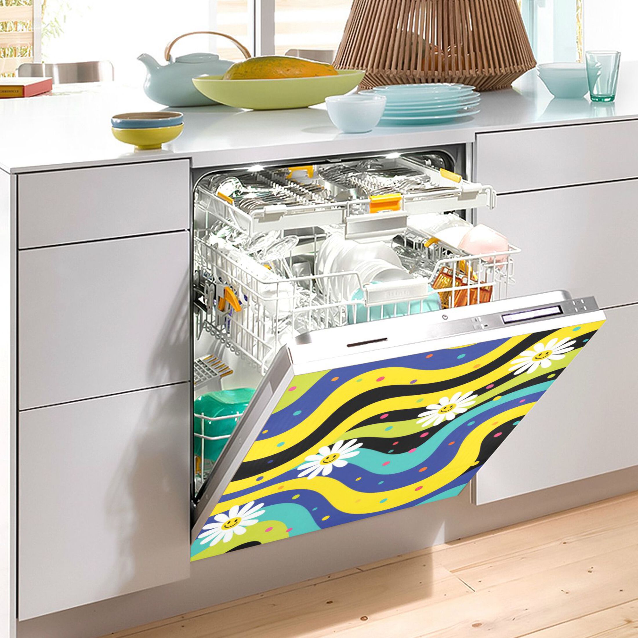 Dishwasher Magnetic Refrigerator Magnet Cover Sticker Home Decorative 23"x26" Daisies on Yellow-blue Background