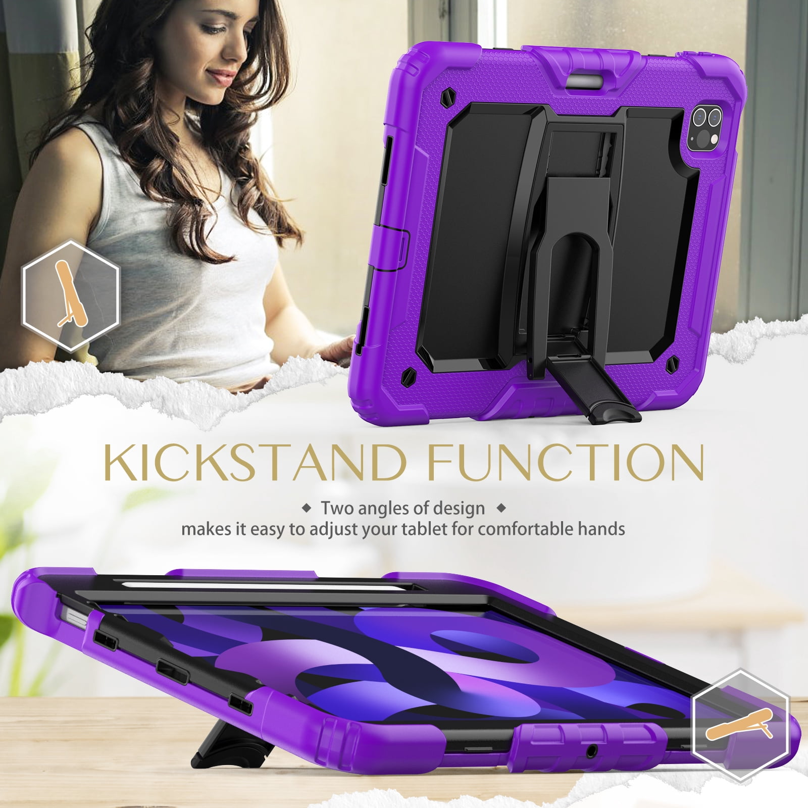 Shockproof Case for Apple iPad Air 11-inch 2024 iPad Pro 11 2022/2021/2020/2018 4th/ 3rd/ 2nd/1st/ iPad Air 4 5 10.9", Shoulder Strap Kids Case with Pencil Holder/Screen Protector,Purple