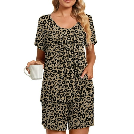 

Sanviglor Ladies Sleepwear Elastic Waist Lounge Sets Tops And Shorts Nightwear Baggy Pajamas Summer Pjs Khaki XL