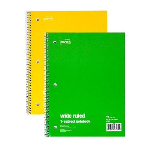 staples wide ruled 1 subject notebook 70 sheets set of 2 green and yellow