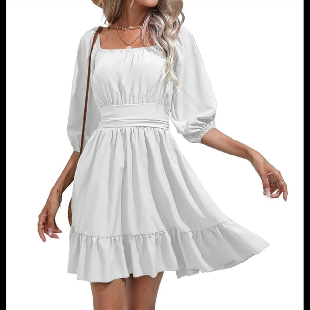 Vestido Informal de para Mujer, con Mangas Largas Tipo Farol, Cintura Alta y Lazo en la Espalda, Corte A. XL