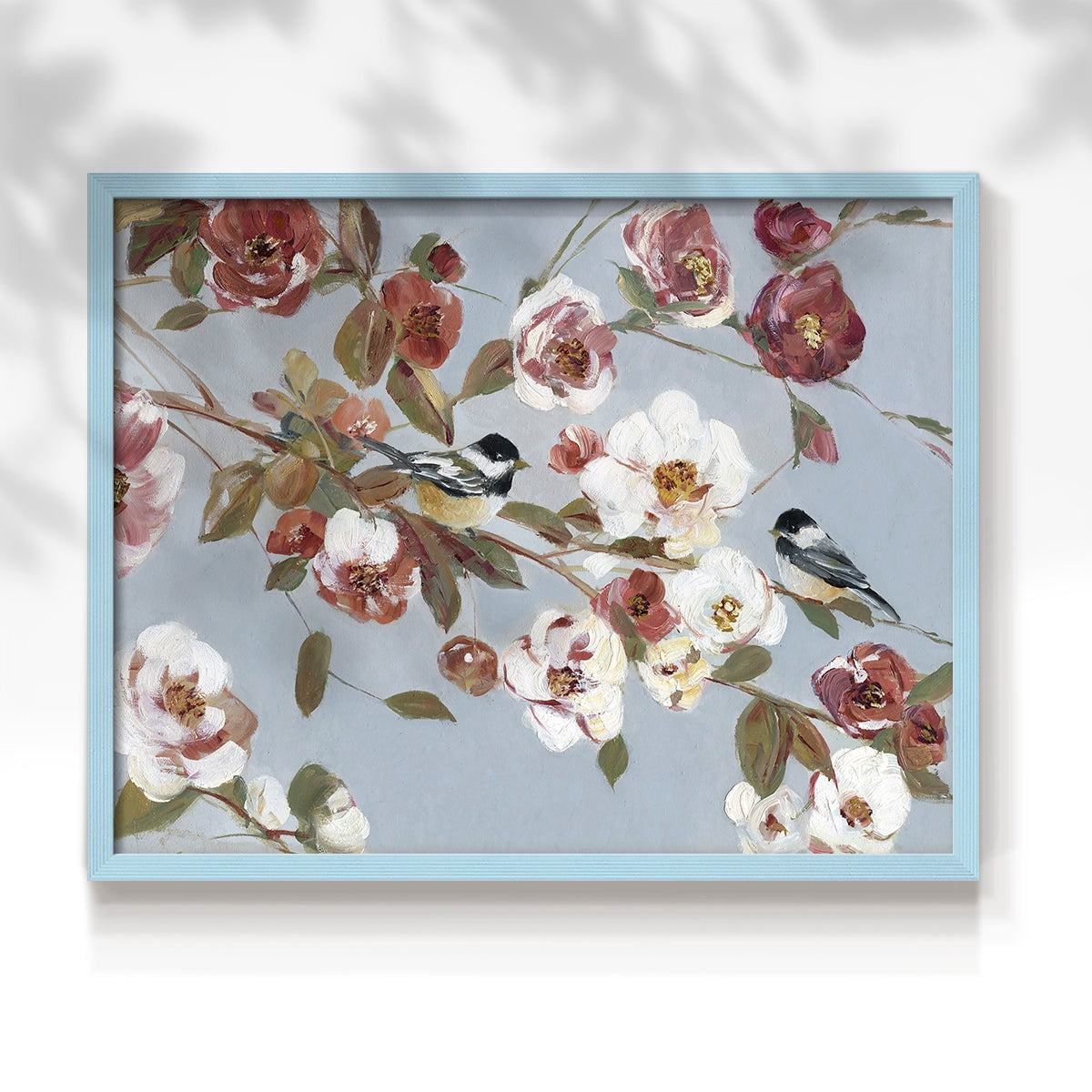 Chickadees and Blossoms II by Sally Swatland - Restickable Framed Giclée Print