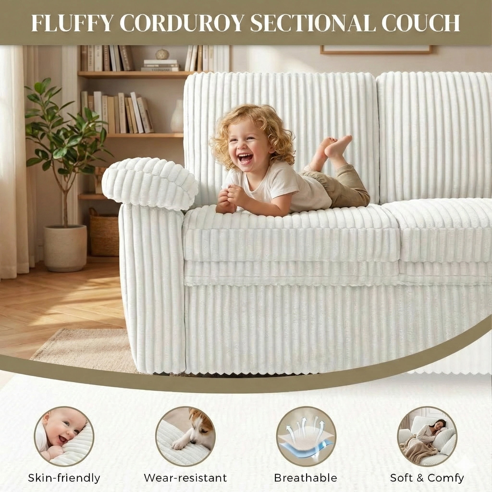 Howcool Modular Sectional Sleeper Sofa with Pull-Out Bed, U-Shaped Convertible 7-Seat Cloud Couch with Storage Chaise & USB Charging, Plush Corduroy Sectional for Living Room,Beige