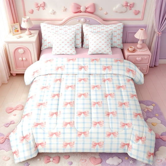 Manfei Modern Geometric Grid 7-Piece Twin Bedding,Pink Kawaii Bowknot Bedding Comforter Set,Pink Reversible