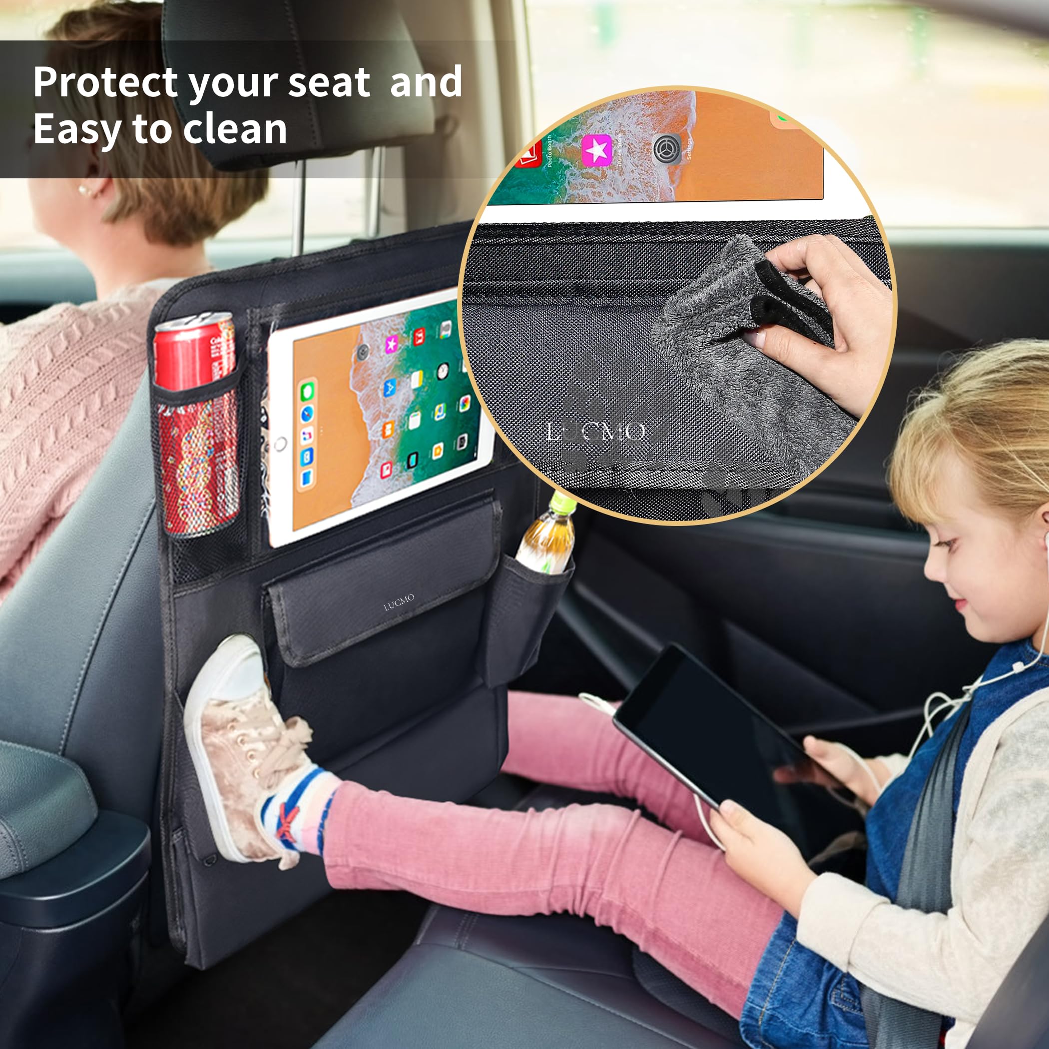 GUANGHUI Car Backseat Organizer with Tablet Holder,6 Storage Pockets Car Storage Organizer with Foldable Food Tray,Protectors Kick Mats Travel Accessories-black