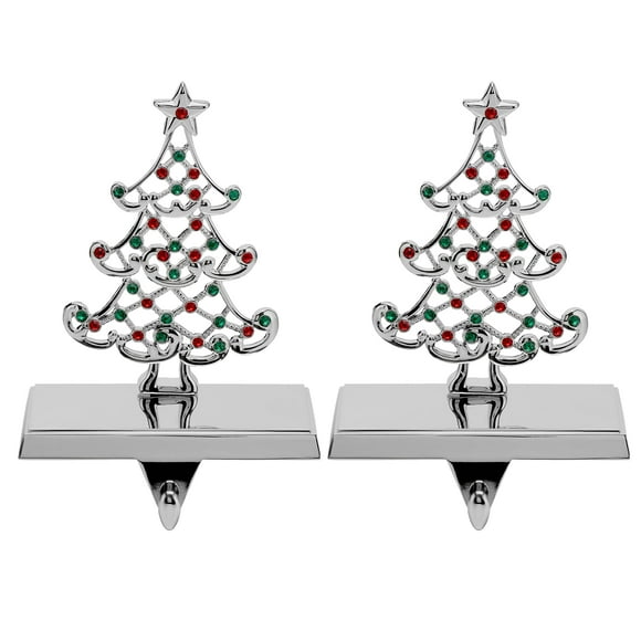 Holiday Jingle Christmas Stocking Holders – 2-Pack Christmas Tree Stocking Holders for Mantle – Metal Tree Stocking Holder Stand with Colored Stones – Durable and Stable Decorative Stand