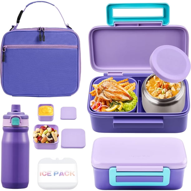 Lonchera Bento con termo, caja bento a prueba de fugas con 2 compartimentos, botella aislada, bolsa de almuerzo, sin BPA, apta para lavaplatos (morado)