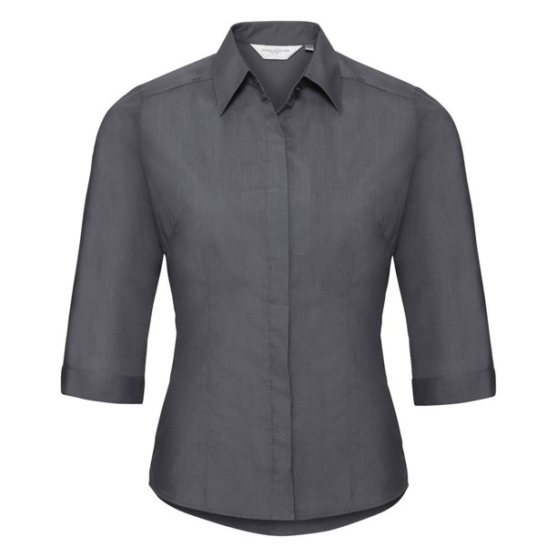 Russell Collection- Camisa entallada de manga tres cuartos de popelín y fácil cuidado de poliéster y algodón para mujer (Gris Convoy)