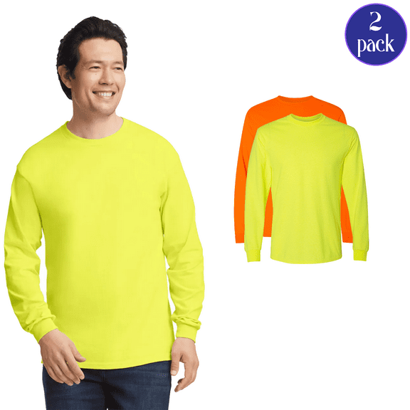 Gildan Hi Vis Men’s Safety Long Sleeve T-Shirt, Men’s Safety Work Tee, Orange & Green, Pack 2, S