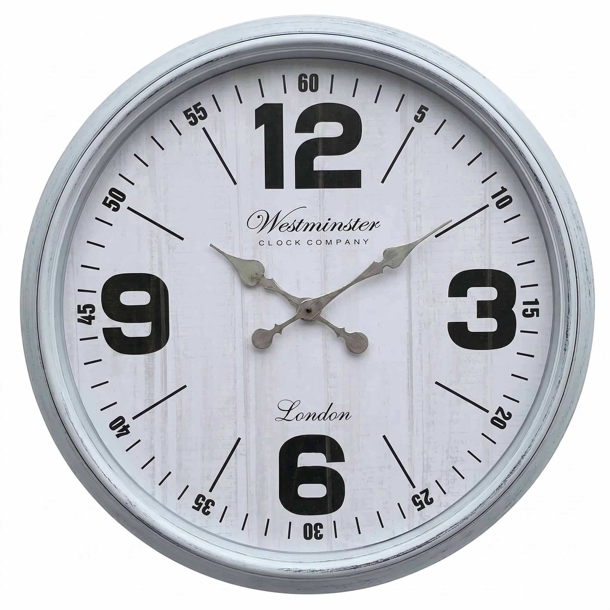 Westminster Clocks 30 Inch Oversized Wall Clock, Modern Farmhouse, Quartz, White Wash