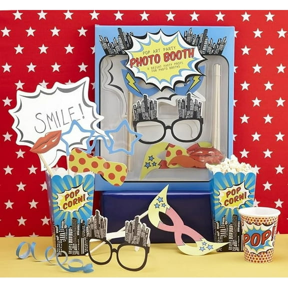 Ginger Ray Photo Booth Props Pop Art Superhero, Party 10 Pack