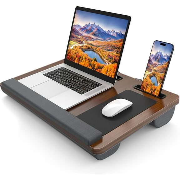 Laptop Lap Desk, Portable Large Laptop Desk for Bed, Up to 17 in Lap Table with Wrist Rest, Mouse Pad, Tablet Phone Slot, Portable Handle, Lap Tray with Cushion (Dark Brown)