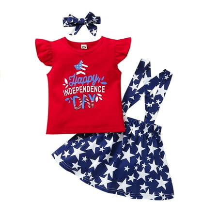 

Nituyy Baby Girl Fly Sleeve T-Shirt Suspender Skirt Dress Independence Day Clothes