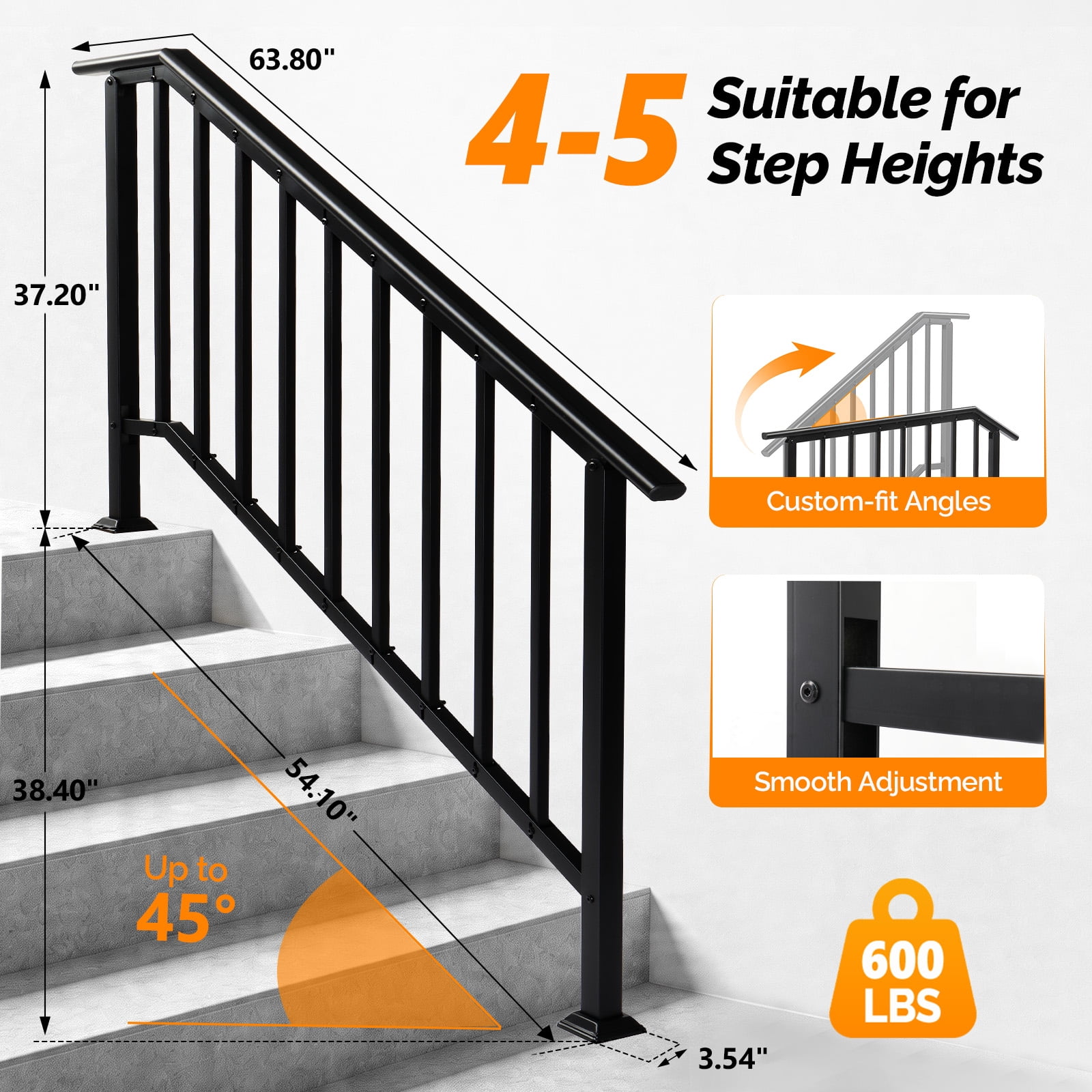 Handrails for Outdoor Steps Fits 4 to 5 Steps